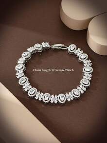 1 件女士手链/手镯，18K 白金镀锆石空心椭圆形装饰，适合毕业典礼