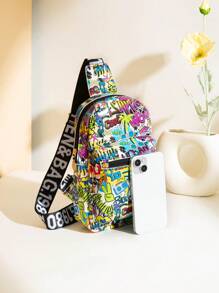 Fashionable Full-Print Casual Graffiti Pattern Women Sports Casual Crossbody Bag