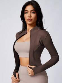 1件女士纯色带拇指孔长袖拉链运动外套，适合瑜伽和日常穿着，秋季款