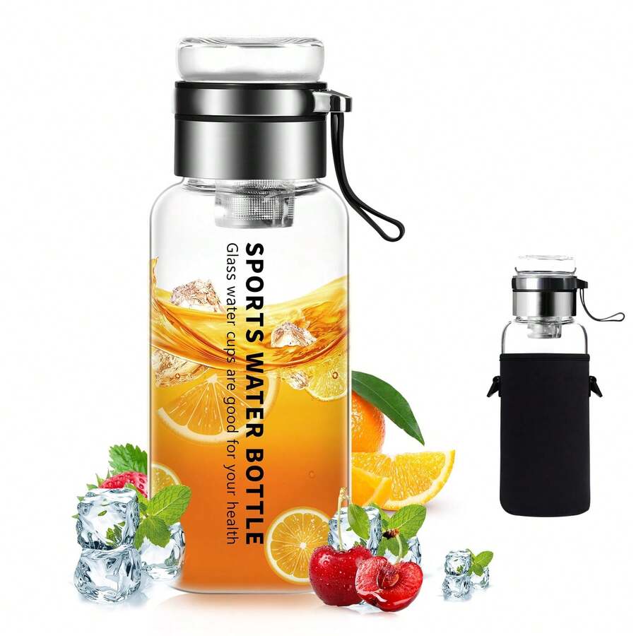 Garrafas de Água de Vidro - Grande, Transparente, Garrafa de Água de Vidro Borossilicato com Infusor de Chá de Aço Inoxidável - Tampa com Função de Copo, Manga de Neoprene, Alça - Boca Larga, Para Chá, Bebidas, Suco, Adequado para Escola, Camping e Trilhas - Multicolorido - Visão 1