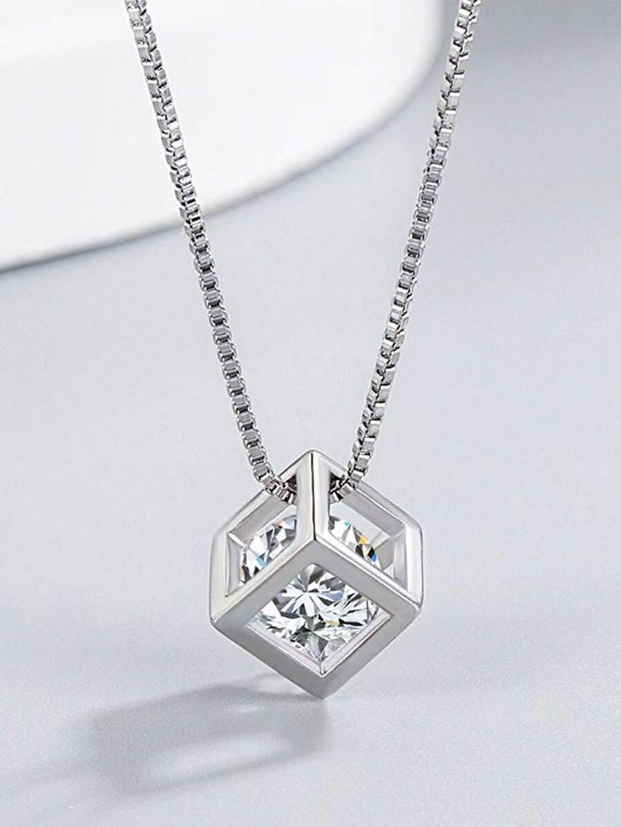 1 件圆形切割立方氧化锆银色吊坠项链女士礼物 - 銀色 - 查看 1