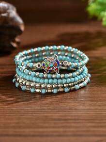 Set de 5 pulseras con cuentas de turquesa, accesorios de diseño con tortuga personalizado, adecuado para uso diario, vacaciones y fiestas para mujeres