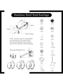 Milacolato 18 Pairs Flat Back Earrings Tiny Cartilage Lobe Stud Earrings Set For Women Men 316L Stainless Steel 20G Cartilage Helix Studs Earrings Moon Star Heart CZ Geometric Piercing Jewelry - 銀色 - 查看 2