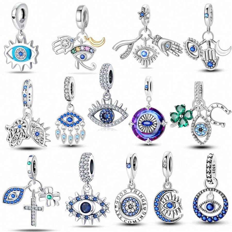 1 Piece 925 Sterling Silver Magic Eye Gemstone Pendant, Star And Moon Blue Eye Pendant, Sacred Eye Pendant, Moon And Eye Pendant, All-Seeing Eye Pendant, Devil's Eye Series Lucky Rotating Eye Pendant, Evil Guardian Sacred Eye And Hand Pendant