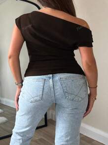 Plus Size Elegant Basic Casual Unique Gorgeous Asymmetrical Neck Crop Top, Fitted Short Sexy Shoulder Revealing Top For Women
