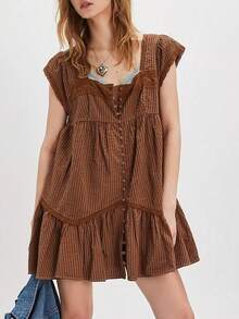 Vestido corto ampón de mujer con cuello cuadrado, vestido mini fluido con volantes con estampado floral en forma de línea A para verano - Marrón - Ver 1
