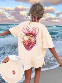 1 pieza Camiseta de manga corta y cuello redondo informal con estampado para niñas adolescentes, estampados de personajes de moda coloridos que inspiran la imaginación y la autoexpresión, ropa de estudiante de verano