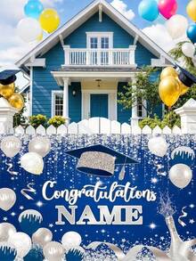 1 件可定制姓名 2025 届毕业生庆祝派对横幅，涤纶材质学士帽蓝/黑金/蓝金/绿图案摄影背景，个性化大学毕业横幅教室背景，家居和户外装饰用品，毕业典礼，派对装饰，三种尺寸可供选择