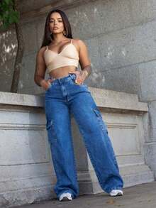Women's Light-Weight Wide Leg Cargo Jeans With High Waist And Premium Side Pockets