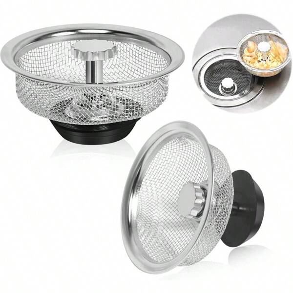 Kitchen Sink Strainer With Handle And Stopper Replacement Kitchen Sink Drain Basket/Stopper/Plug 3.3 Inch Stainless Steel Kitchen Sink Drain Strainer Mesh Sifter Filter(‎Silver)
