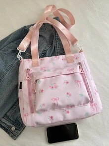 2025夏季新款时尚蝴蝶结印花单肩托特包，立体外袋，拉链开口，长肩带可调节，大容量轻便简约斜挎包。适合逛街、购物、购物、年轻女性、大学生、职场新人、白领。适用于办公室、大学、工作、商务、通勤、户外活动、旅行和短途旅行。