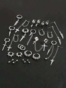 27 件/套不锈钢黑色/银色十字架和羽毛吊坠耳环，男士环形和耳钉耳环套装，朋克风格日常佩戴和节日礼物 - 彩色 - 查看 4
