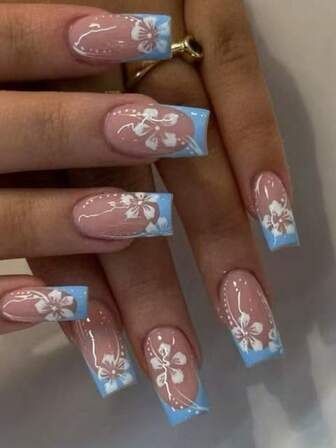 24pcs Short Square Fuchsia Flower Nail Stickers, Light Blue French Acrylic Material, Perfect Fit, Set Includes: 1pc Jelly Gel And 1pc Nail File, Easy To Wear, Suitable For Summer Daily Manicure, Also Suitable For Women, Girls Daily Work, Party And Other Occasions