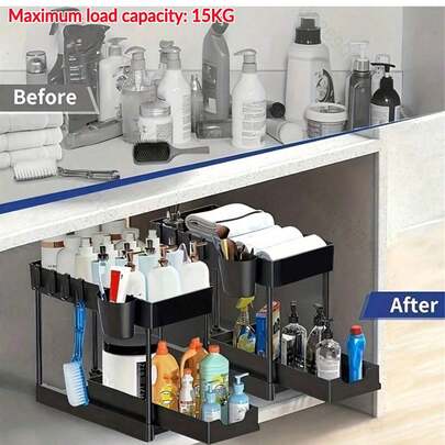 Under Sink Double Tier Storage Rack, Slide-Out Drawer Cabinet For Kitchen, Bathroom, Closet, Cupboard Material: Plastic