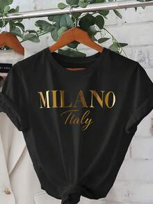 女装夏季MILANO意大利金色字母图案印花圆领短袖简约休闲日常T恤上衣，女装上衣，女士夏装，夏季上衣 - 黑色 - 查看 2