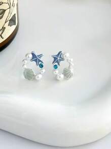 1 paire de boucles d'oreilles à tige avec étoile de mer en faux perle et strass, style classique et européenne et américaine