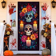 1 件骷髅万圣节门饰 - 涤纶材质，骷髅头和蜡烛，营造诡异氛围，35.4 英寸 * 70.8 英寸，适用于卧室、客厅、浴室、厨房门、窗户装饰。适用于家居、办公室、浴室派对、万圣节装饰、节日派对装饰，耐用派对装饰 - 彩色 - 查看 5
