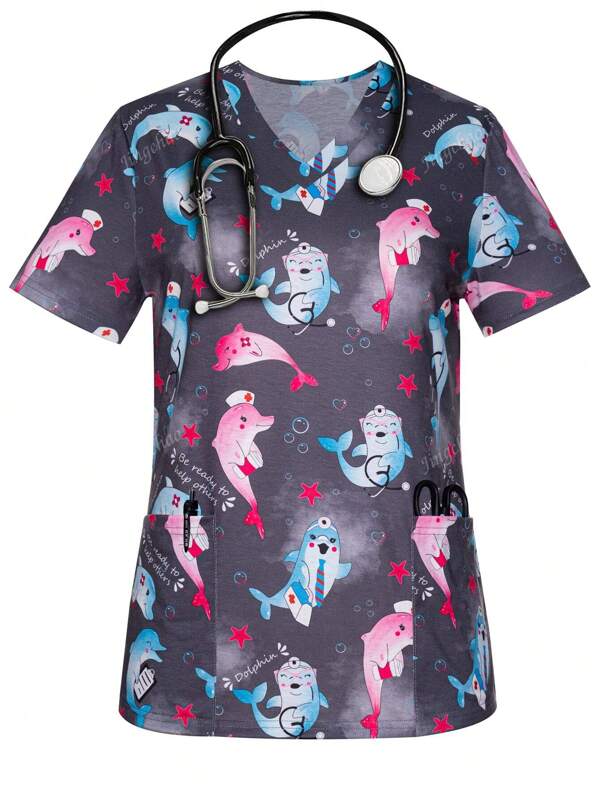 Women's Dolphin Print Nurse Scrub Top - V-Neck Short Sleeve With Functional Patch Pockets, Playful Animal Print & Star Design