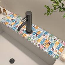 1pc Bohemian Silicone Drain Mat With Anti-Slip Vintage Pattern, Fits Various Faucets For Bathroom, Kitchen,Non-Slip Kitchen Mats For Sink Side, Natural And Hygienic Kitchen Essential For Home And Kitchen Room Decor, Part Of Your Cozy Fall& Winter Styles And Christmas Decorations