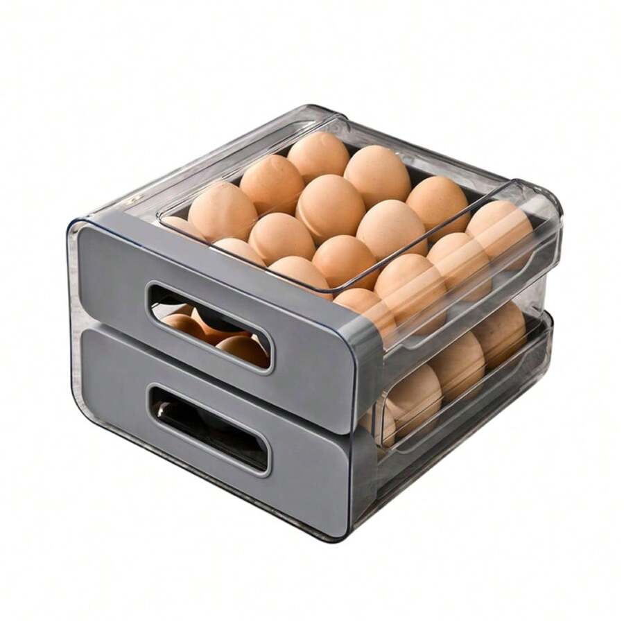 Caja organizadora para huevos de 2 niveles cocina almacenar, recipiente multiusos para refrigerador, estructura transparente apilable, capacidad para 24 huevos, diseño compacto, materiales duraderos y seguros para alimentos, organización eficiente y fácil limpieza, ideal para hogares modernos - Gris - Ver 1