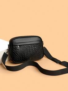 Sac à bandoulière décontracté à carreaux pour hommes, nouveau sac bandoulière en cuir véritable version coréenne, petit sac carré de mode, petit sac à dos de marque patchwork - Noir - Voir 3