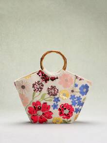 1 chiếc TÚI ĐEO TAY SCULPTEDSTYLE, họa tiết hoa sequin nhiều màu, thêu lưới tương phản, đế vải lanh trắng, sáng bóng, lấp lánh, túi xách tay cầm bằng tre cổ điển, thời trang du lịch bãi biển mùa hè dành cho nữ (Họa tiết hoa sequin ngẫu nhiên) - Nhiều màu - Xem 5