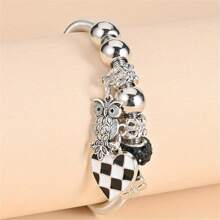 1 Piece Simple Black And White Chess Board Love & Owl Pendant Alloy Bracelet Women's Fashion Bracelet Bangle Female Daily All-Match Bracelet Accessories Birthday Gift Christmas Gift