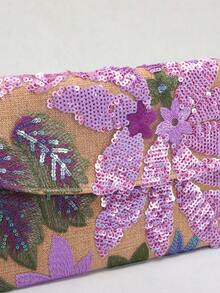 SCULPTEDSTYLE BAGS 1 件彩色 PVC 亮片花网刺绣叶图案亚麻信封手拿包，适合晚会、派对、度假（花朵图案随机） - 彩色 - 查看 7