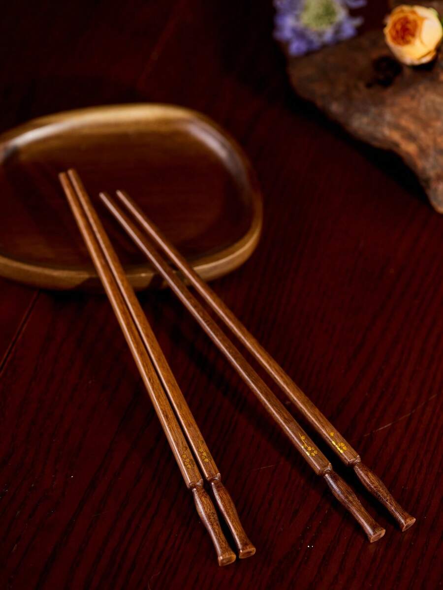 Cirelle 天然木质花朵图案筷子，防霉防滑，易清洁，木制筷子，适合家庭使用，农历新年，厨房用品，派对使用，家庭用餐，野餐必需品，露营用品 - 鏽棕色 - 查看 1