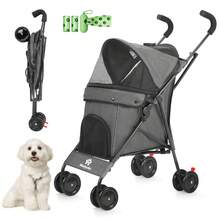 Wedyvko Passeggino a 4 ruote  per cani e gatti di piccola/media taglia, trasportino pieghevole leggero per jogging/viaggi/centri commerciali, passeggino per cuccioli in rete traspirante con cestino portaoggetti e portabicchieri. - Grigio Scuro - Visualizzare 2