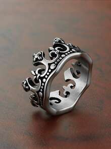 1 pieza Anillo de corona de acero inoxidable personalizado vintage, accesorio de moda para hombres - Plateado - Ver 3