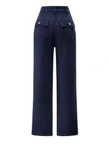 Women's New Mid-Waist Solid Color Elastic Straight-Leg Jeans, Autumn Casual Spring - Navy Blue - View 4