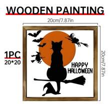 1 PIEZA Decoración de pared de madera de estilo vintage de granja para Halloween - Gato brujo con escoba, murciélago y silueta de calabaza - Decoración de madera natural para interiores/exteriores - Ideas de regalo únicas, para el hogar, la oficina o la cafetería, regalo perfecto para fiestas y vecinos, decoraciones de Halloween