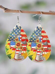 Vintage Leopard, Sunflower, Cross, Red White Blue Striped Star Patriotic USA Women PU Double Sided Water Drop Pendant Earrings