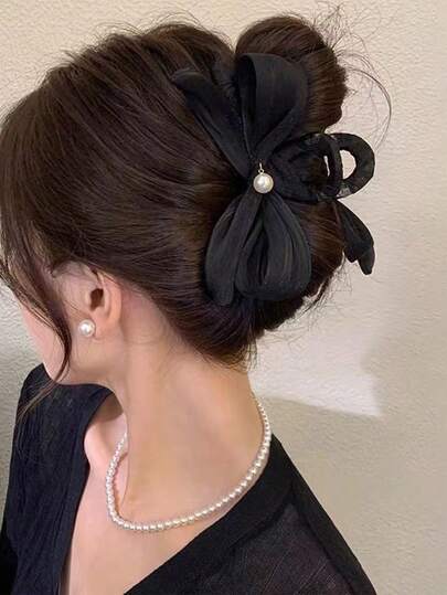 1pc Black High-End Faux Pearl Decor Pleated Bow Large Hair Claw Clip, Elegant Style Suitable For Daily Casual, Outdoor Travel And Gatherings Winter Hair Accessories Elegant Hair Clip