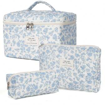 Three Pieces Set Of Blue Floral Cosmetics Storage Bag, Available In Three Different Sizes To Meet Various Needs, With Zipper Closure, Travel Storage Bag, And Toiletries Bag
