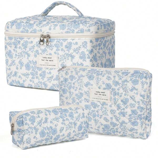 Conjunto de tres piezas de bolsas de almacenamiento de cosméticos con estampado floral azul, disponibles en tres tamaños diferentes para satisfacer diversas necesidades, con cierre de cremallera, bolsa de almacenamiento de viaje y bolsa de artículos de tocador