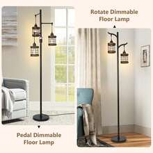 Dimmable Floor Lamps For Living Room, 3-Light Industrial Floor Lamp With Wood & Metal Cage, Farmhouse Standing Lamp Tall Tree Lamp For Bedroom Office, Rustic Black Tall Floor Lamp For Corner - 美規A型插(110-127V) - 查看 6
