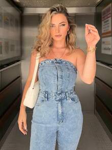 Jeta Ari Women Casual Cool Tube Top Flared Denim Jumpsuit - Medium Wash - View 6