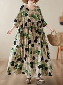 AZAH 2026新款加大码夏季纯棉长连衣裙，宽松圆领蝙蝠袖褶皱连衣裙，带口袋 - 綠色 - 查看 1