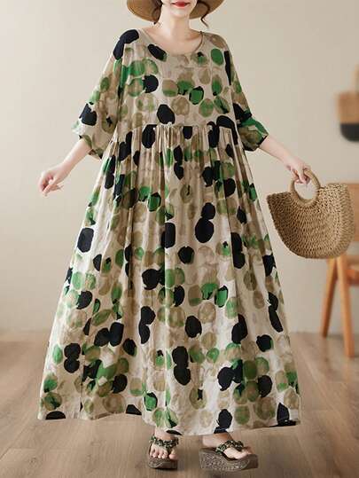 AZAH 2026春节新款加大码夏季纯棉长款连衣裙，宽松圆领蝙蝠袖褶皱长裙，带口袋