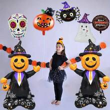 1 个 61 英寸巨型南瓜铝制气球，配有巫婆帽和领带 - 万圣节派对装饰、鬼屋道具、木乃伊房间场景增强器、亡灵节庆祝活动、节日混色、万圣节装饰 - 彩色 - 查看 3