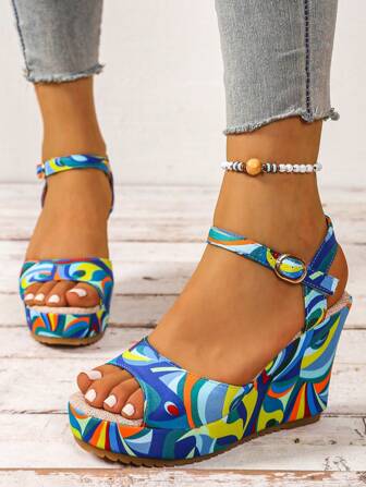 Women's Blue Summer Vacation Style Straw Bottom Platform Wedge Sandals, Retro Buckle Design High Heel, Thick Sole Woven Espadrille Platforms, Bohemian Beach Shoes, Waterproof, Suitable For Ladies Size 35-43