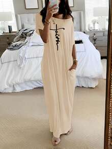 ChicMe 女士长裙字母印花无袖休闲宽松肩带长裙宽松带口袋休闲日常穿着 - 杏色 - 查看 3