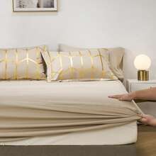 7-Pcs Luxurious Gilded Bed Comforter Sets Queen,100% Microfiber Simple And Fashionable Soft And Comfortable Summer Bedding Set Coverlet Set Suitable For All Four Seasons,  Bedroom And Hotel Room Decor,  Include 1 Comforter,  4 Pillowcases And 1 Flat Sheet,1 Fitted Sheet. - Kaki-B48 - Xem 9