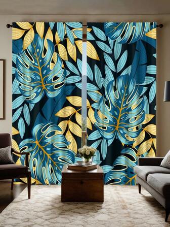 2pcs Tropical Leaf Print Sheer Curtains - Rod Pocket Design, Semi-Transparent For Living Room, Bedroom, Kitchen And Office Decor, Polyester Fabric With Elegant Leaf Pattern, Curtains For Living Room