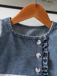 2pcs Baby Girls Casual Denim Patchwork Round Neck Shirt & Jeans Pants Set, Suitable For Outdoor Autumn/Winter