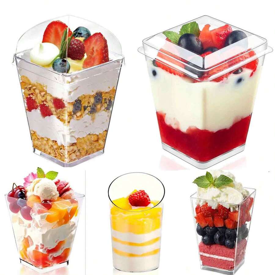 50pcs Pudding Cups, Assorted Styles Of Dessert Cups, Transparent Jelly Cups, Ice Cream Cups, Pudding & Mousse Cups, Reusable, Suitable For Birthday, Wedding, Party, Gathering, Holiday Event