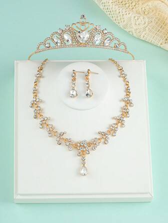 4pcs Bridal Jewelry Set For Wedding & Events, Princess Necklace Set, Crown Necklace Set, Party Headpiece, Luxury Crown Necklace Gift Box, Suitable For Weddings, Parties, Holidays, Christmas Decorative Headpiece