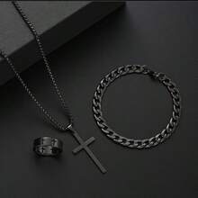 Conjunto de 3 peças de pingente de cruz de metal em aço inoxidável masculino, colar, pulseira, anel, conjunto de joias, acessórios de uso diário para hip hop masculino